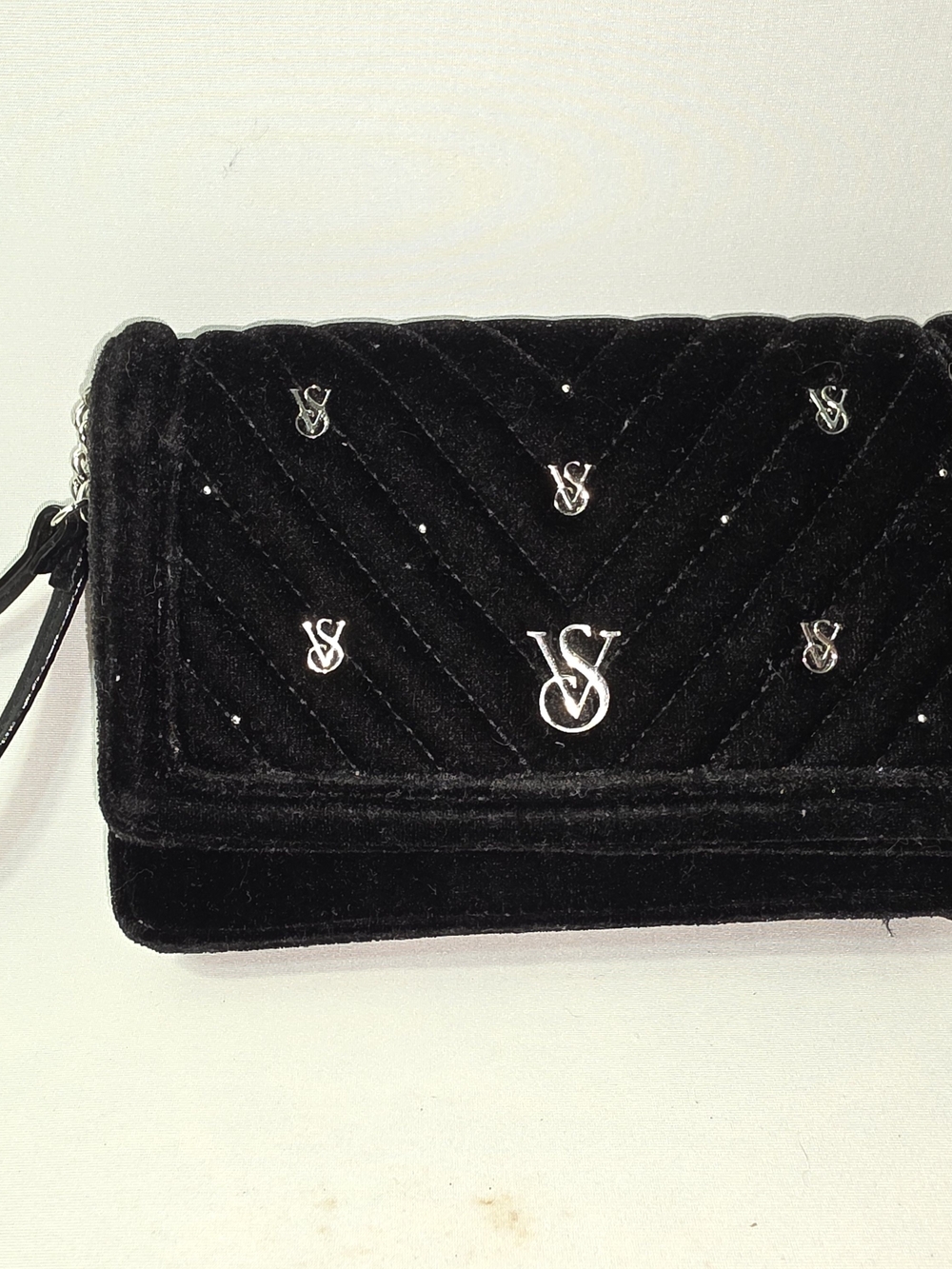 Victoria's Secret Black Quilted Velvet Wristlet with Silver Logo Studs